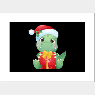 Cute Christmas Dinosaur With Santa Hat Holding A Gift Box Posters and Art